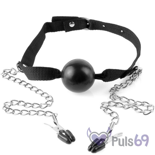 Кляп с зажимами для сосков Ball Gag & Nipple Clamps от Pipedream Products, Fetish Fantasy