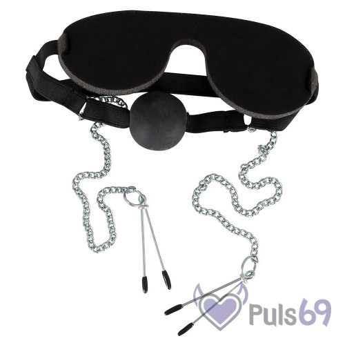 Маска, кляп и зажимы на соски Bad Kitty Mask with Ball Gag and Nipple Clamps  от Orion